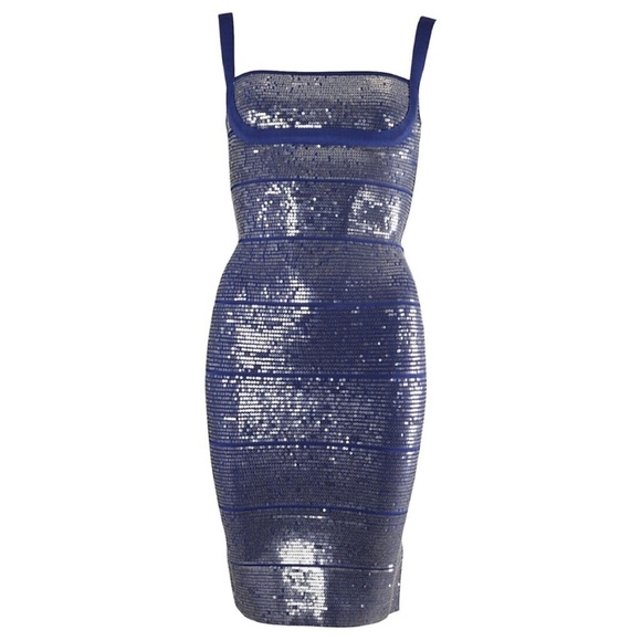 Herve Leger Sequin Bandage Katherine Blue Rayon Dress / Size Small - Picture 1 of 9